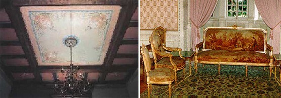 Pormenor do teto da sala do Piano [esquerda] e Mobili&aacute;rio do Sal&atilde;o Lu&iacute;s XVI [direita]