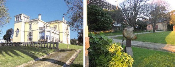 Vista do edif&iacute;cio a partir do jardim [esquerda] e uma das esculturas de Rui Anahory no jardim [direita]