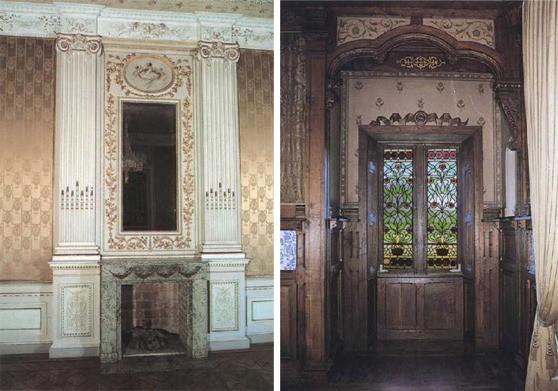 Fog&atilde;o de sala do Sal&atilde;o Lu&iacute;s XVI [esquerda] e Vitral da Sala de Jantar [direita]